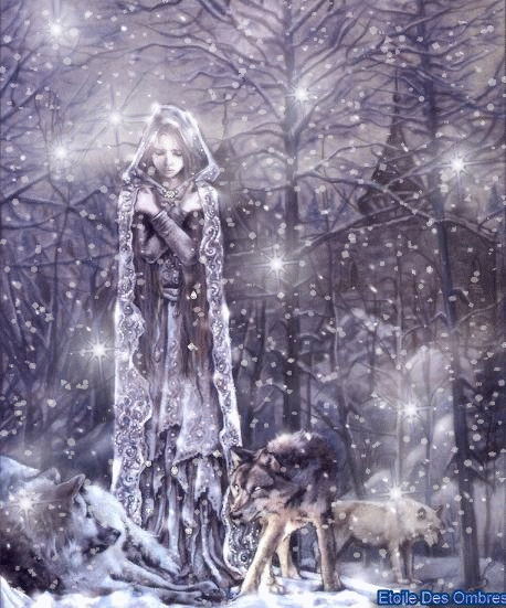 Women in Snow with Wolves