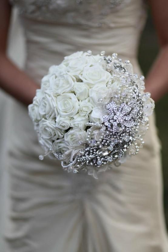 Gorgeous White Rose Embellished with Diamond Brooch Bouquet Gorgeous White Rose Embellished with Diamond Brooch Bouquet