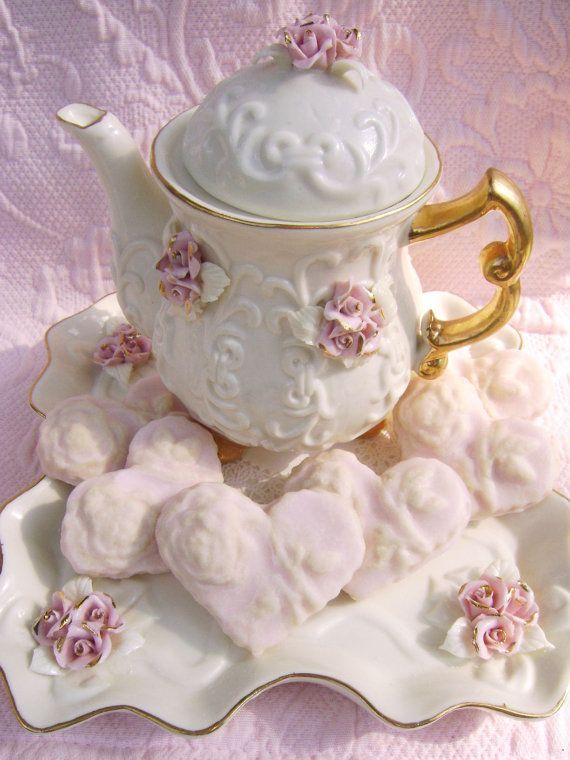 Pretty Teapot and Pink Heart Shaped Sugar Rose Cookies