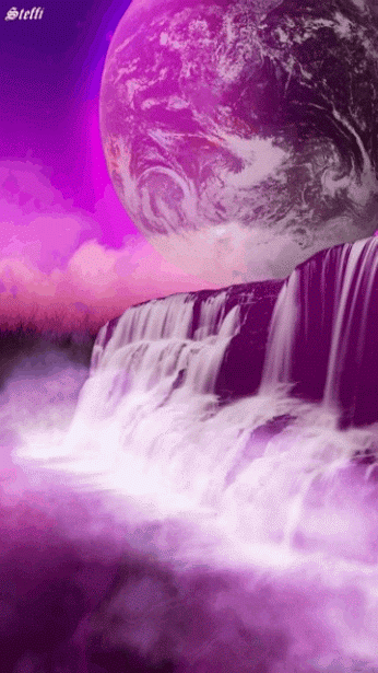 Pink Planet Spinning Over Pink Waterfall