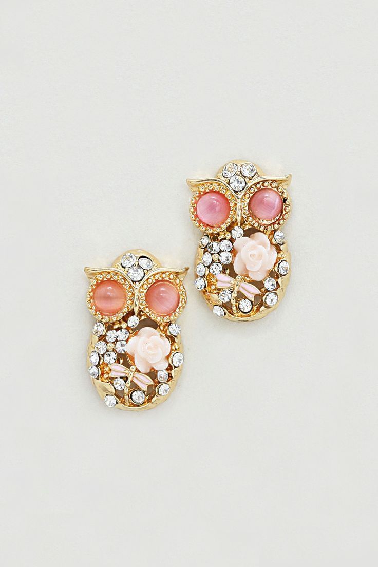 Adorable Pink Stone & Diamond Owl Earrimgs Adorable Pink Stone & Diamond Owl Earrimgs