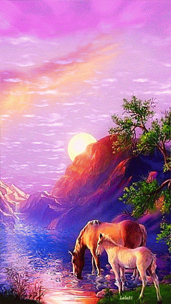 Mare and Foal Drinking from a Lake