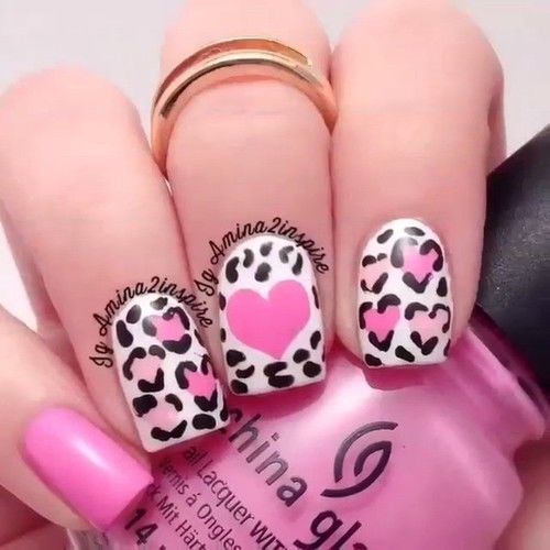 Heart and leopard print nails
