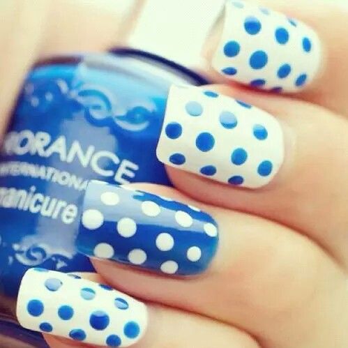 Blue and white polkadot nails