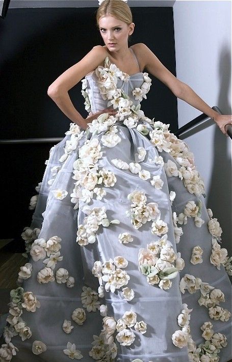 Silver Silk Gown with White Roses Applique Silver Silk Gown with White Roses Applique