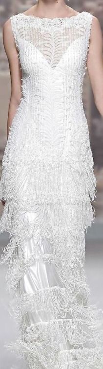 White Wedding Dress with Fringe Overlay