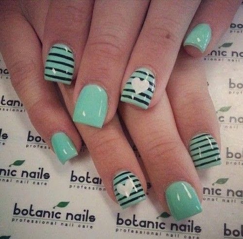 Teal striped heart nails Teal striped heart nails