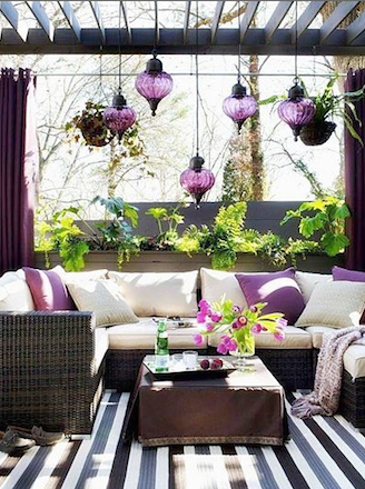 Outdoor Furniture with Purple Accent Hanging Lights Outdoor Furniture with Purple Accent Hanging Lights