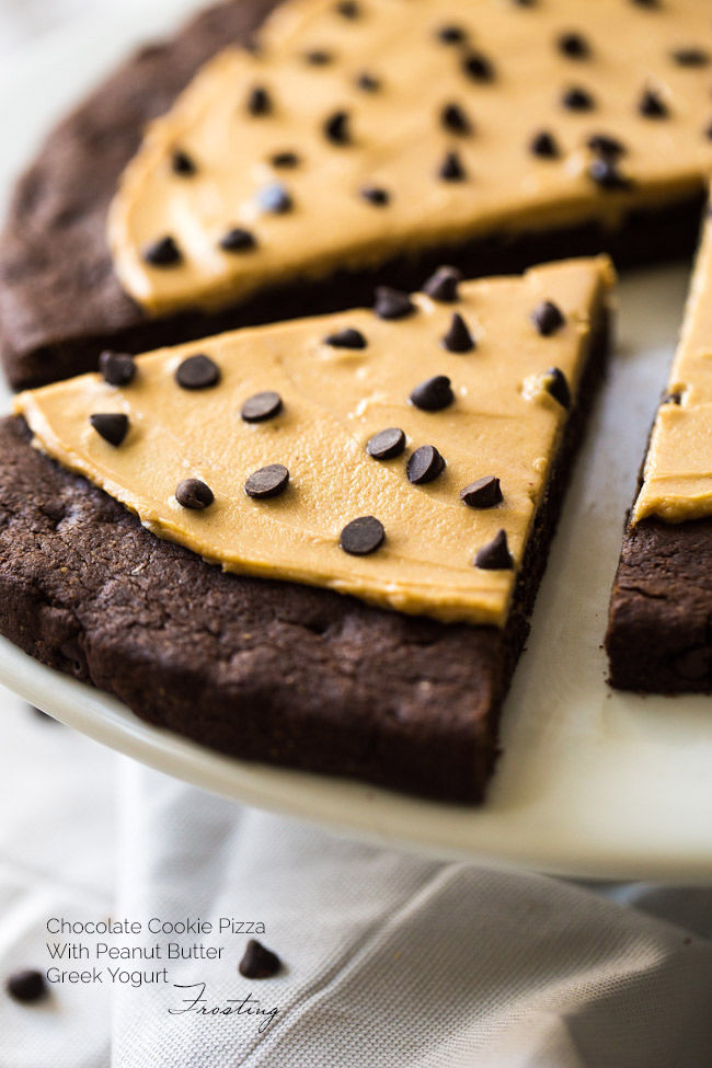 CHOCOLATE COOKIE PIZZA WITH SALTED CARAMEL PEANUT BUTTER GREEK YOGURT FROSTING