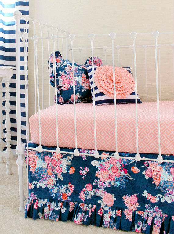 Coral And Navy Baby Girl Bedding Stripe And Floral Pictures, Photos