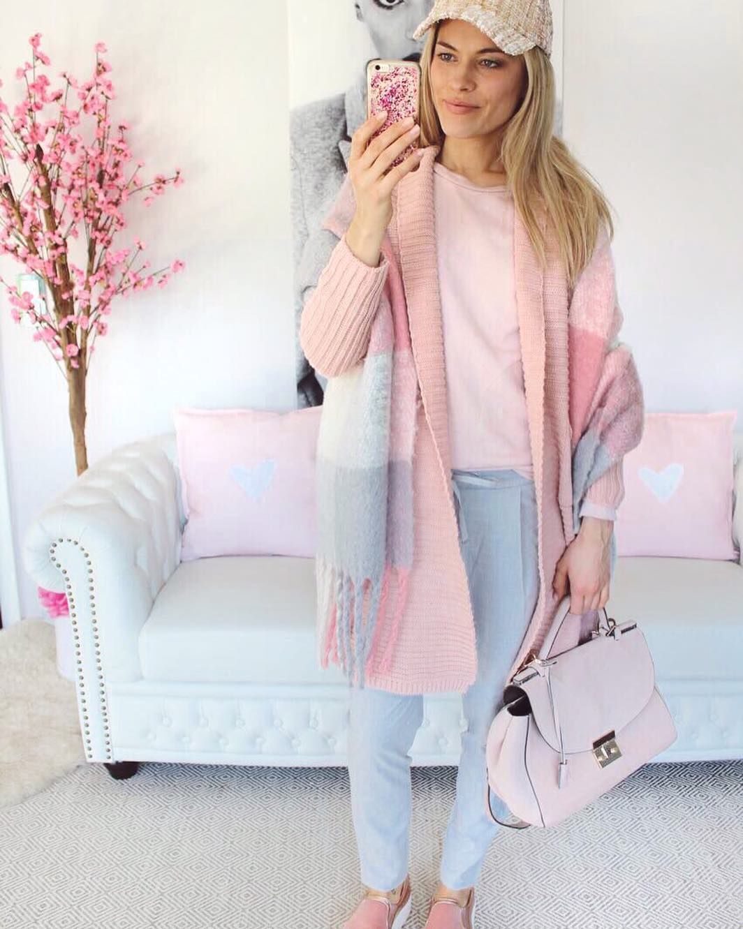 Pink Jacket, Pink Shirt, And Bluewashed Jeans Holding Handbag Pictures
