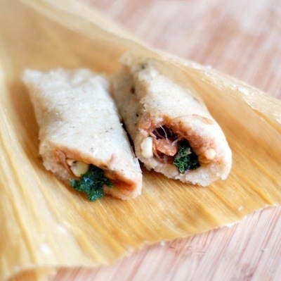 Vegan carnitas, corn, and kale tamales
