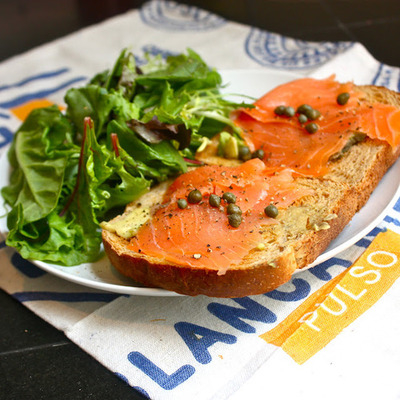 Salmon and avocado on crusty bread Salmon and avocado on crusty bread