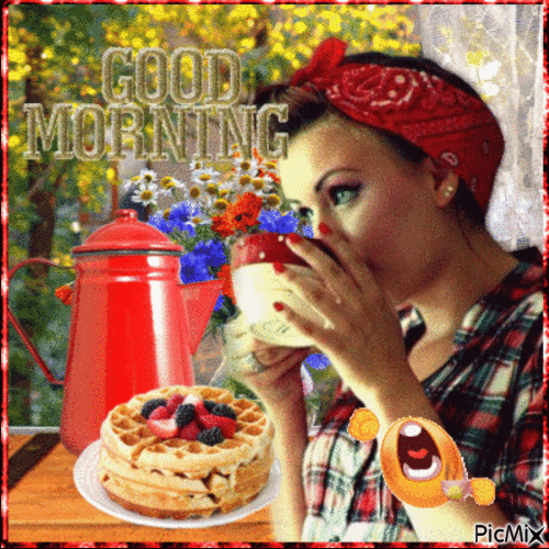 Woman Drinking Coffee With Breakfast Good Morning Gif Pictures