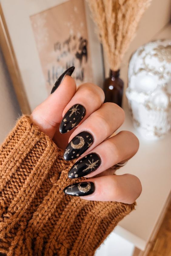Black Manicure With Gold Moon And Stars Pictures, Photos, and Images