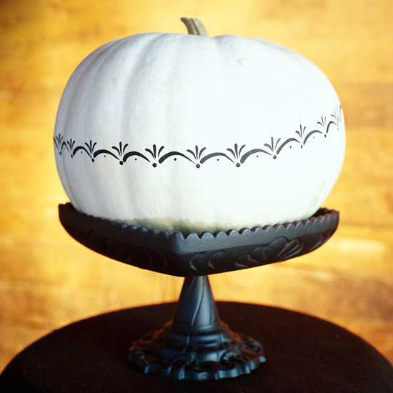 Stenciled White Pumpkin on Cake Pedistal Stenciled White Pumpkin on Cake Pedistal