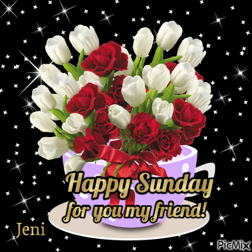 Bouquet Of Red Roses And White Tulips Happy Sunday. For You My Friend