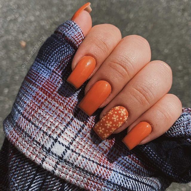 DIY Dark Orange Nails With Flowers Pictures, Photos, and Images for