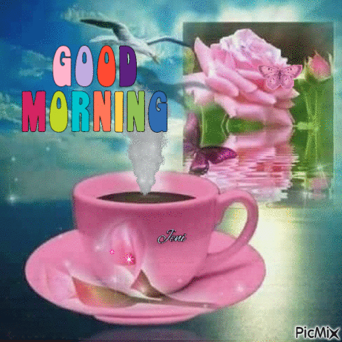 Pink Rose And Pink Coffee Good Morning Gif Pictures, Photos, and