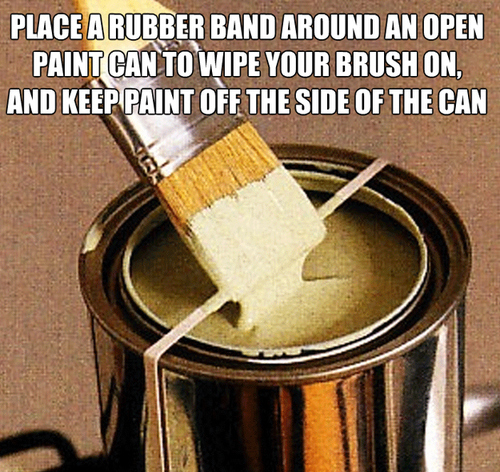 Place a rubber band around and open paint can Place a rubber band around and open paint can