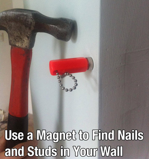 Use a magnet to find nails and studs in wall