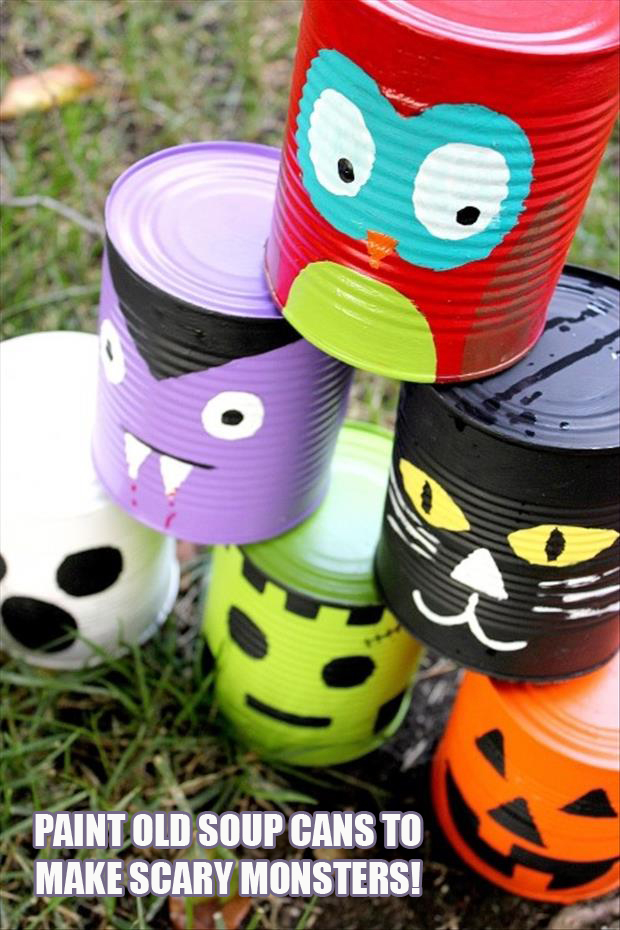 Paint soup cans to make scary monsters