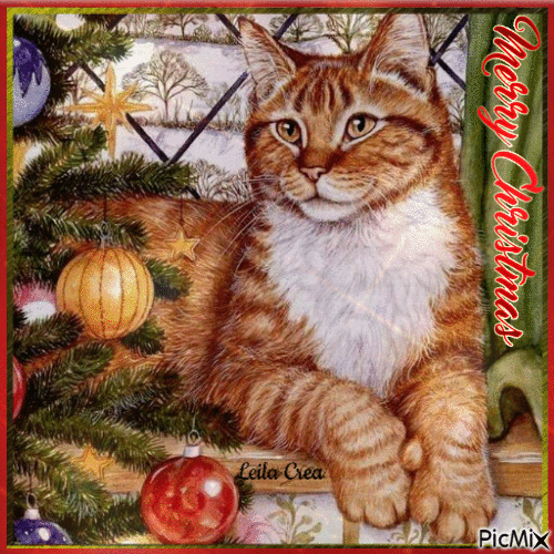 Sitting Cat By Tree Merry Christmas Gif Pictures, Photos, and Images