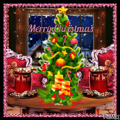 Merry Christmas Gif With Hot Chocolate, Tree And Candles Pictures