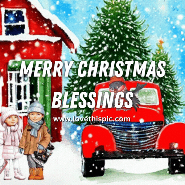 Red Truck At Barn Merry Christmas Blessings Pictures, Photos, and