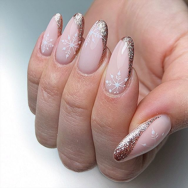 Beautiful Rose Gold French Tips With Snowflake Nail Art Pictures, Photos, and Images for