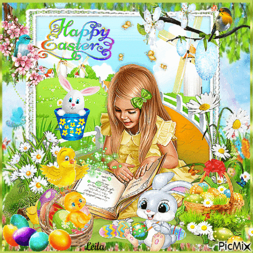 Happy Easter Animated Gif With Girl Reading Book Pictures, Photos, and