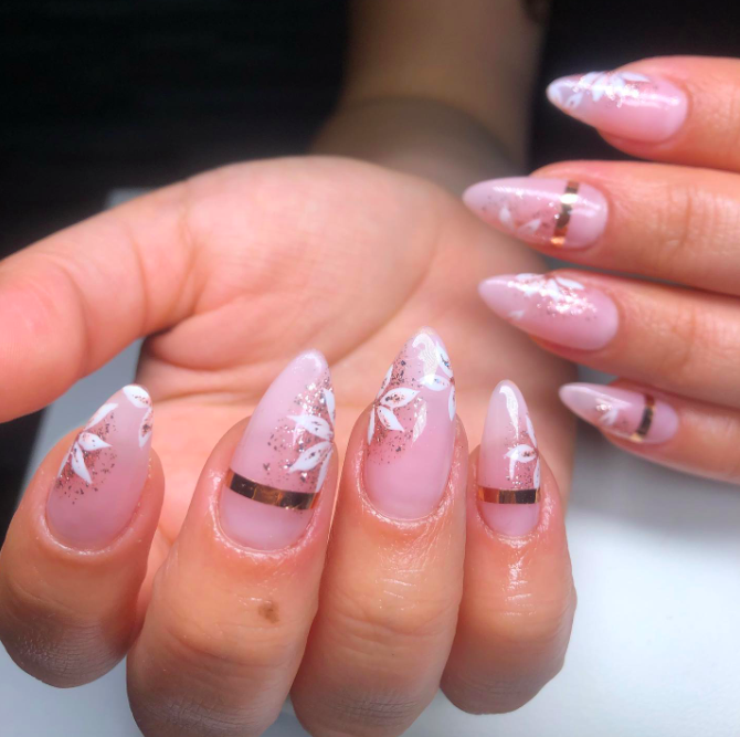 White Sparkling Flower Nails With Gold Stripe Pictures, Photos, and Images for Facebook, Tumblr