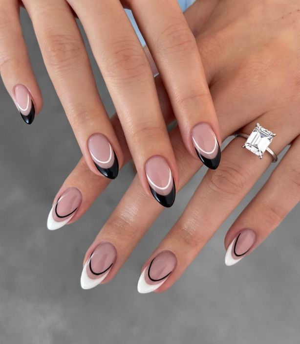 Double Line French Nails In Black And White Pictures, Photos, and