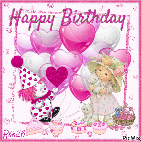 Happy Birthday Pink Balloon Gif With Girl And Clown Pictures, Photos