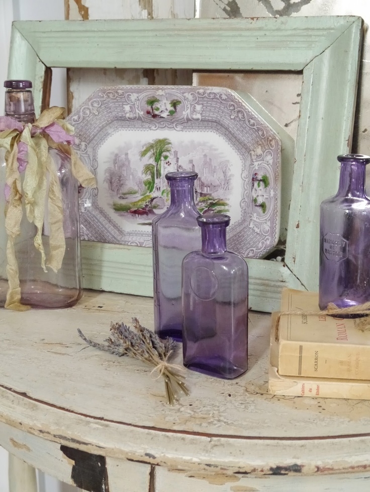 Antique Bottles & Lavender Serving Tray Antique Bottles & Lavender Serving Tray