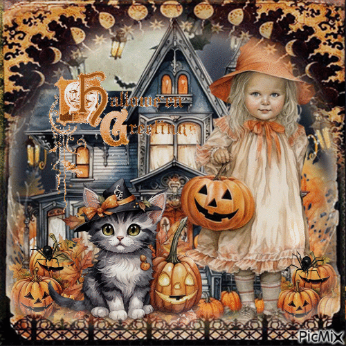Vintage Halloween Greeting With Girl And Cat Pictures, Photos, and
