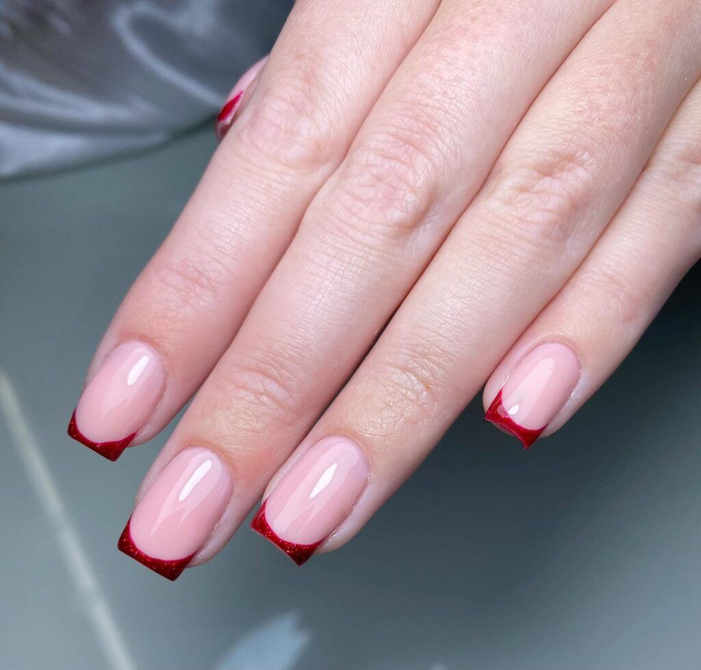 Minimalist Red Glitter French Tip Nails Pictures, Photos, and Images