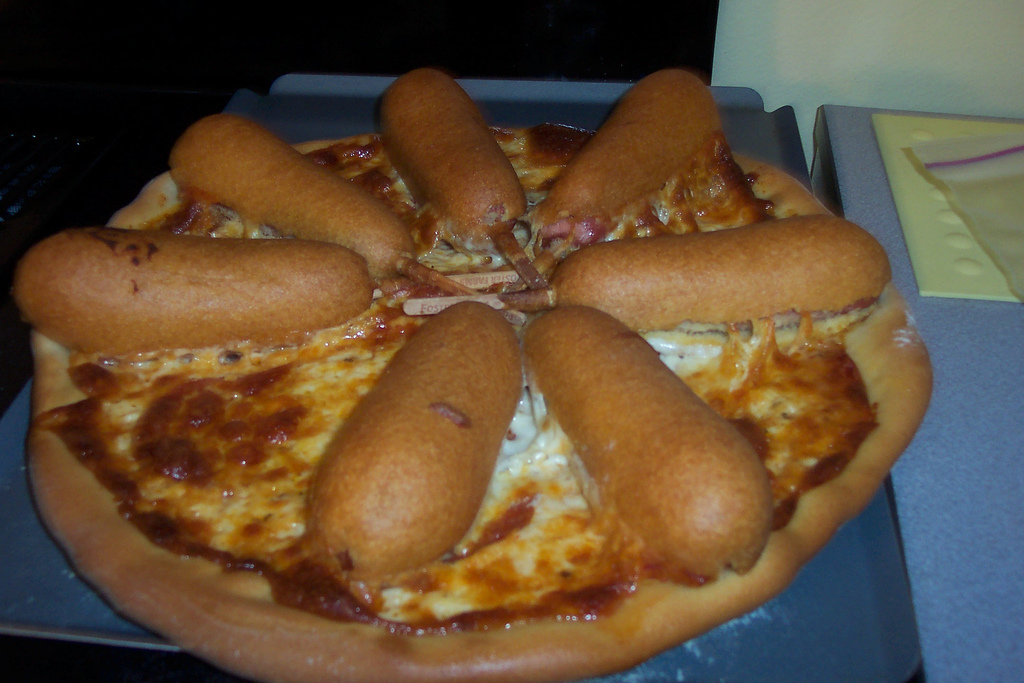 Corn dog pizza