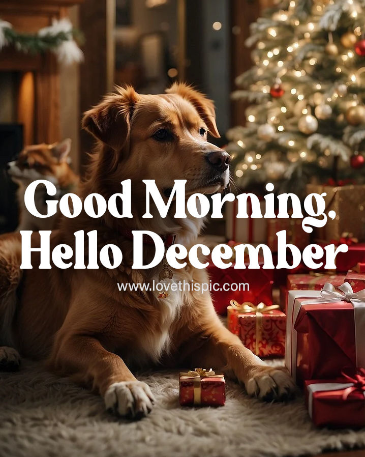 Dog By Christmas Tree Good Morning, Hello December Pictures, Photos
