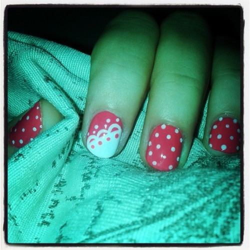 Pink and white polkadot nails