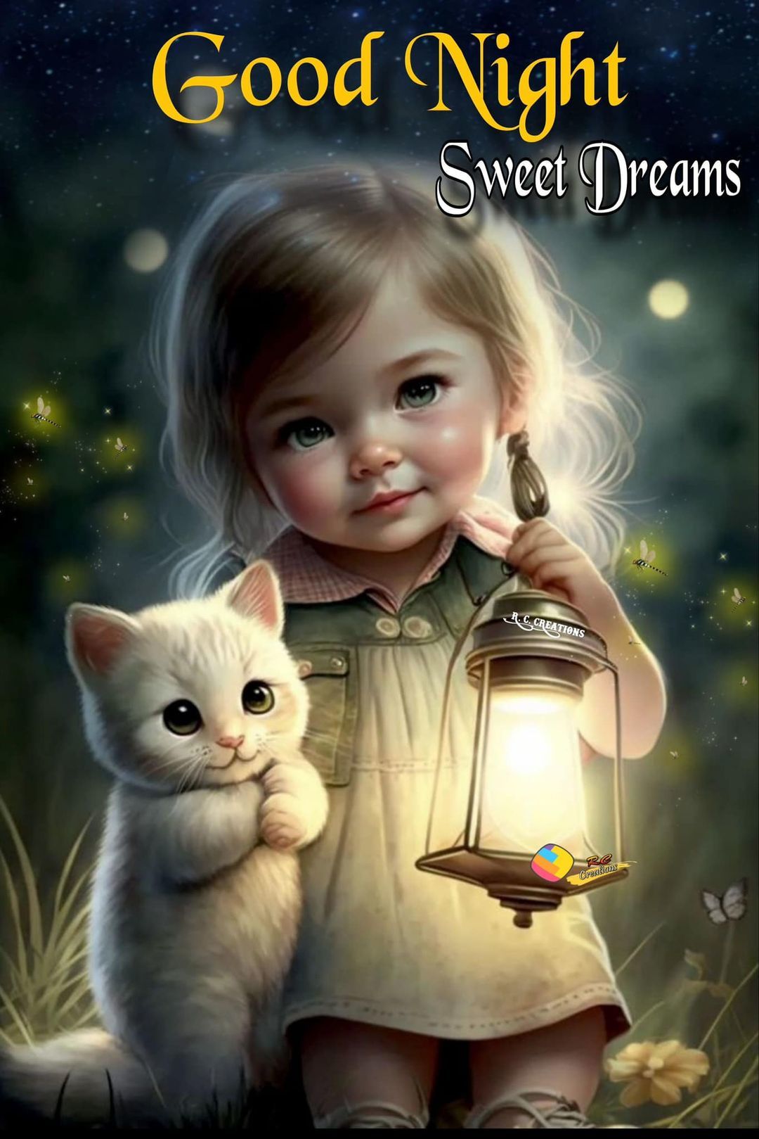 Baby Girl And Kitten Good Night Greeting Pictures, Photos, and Images