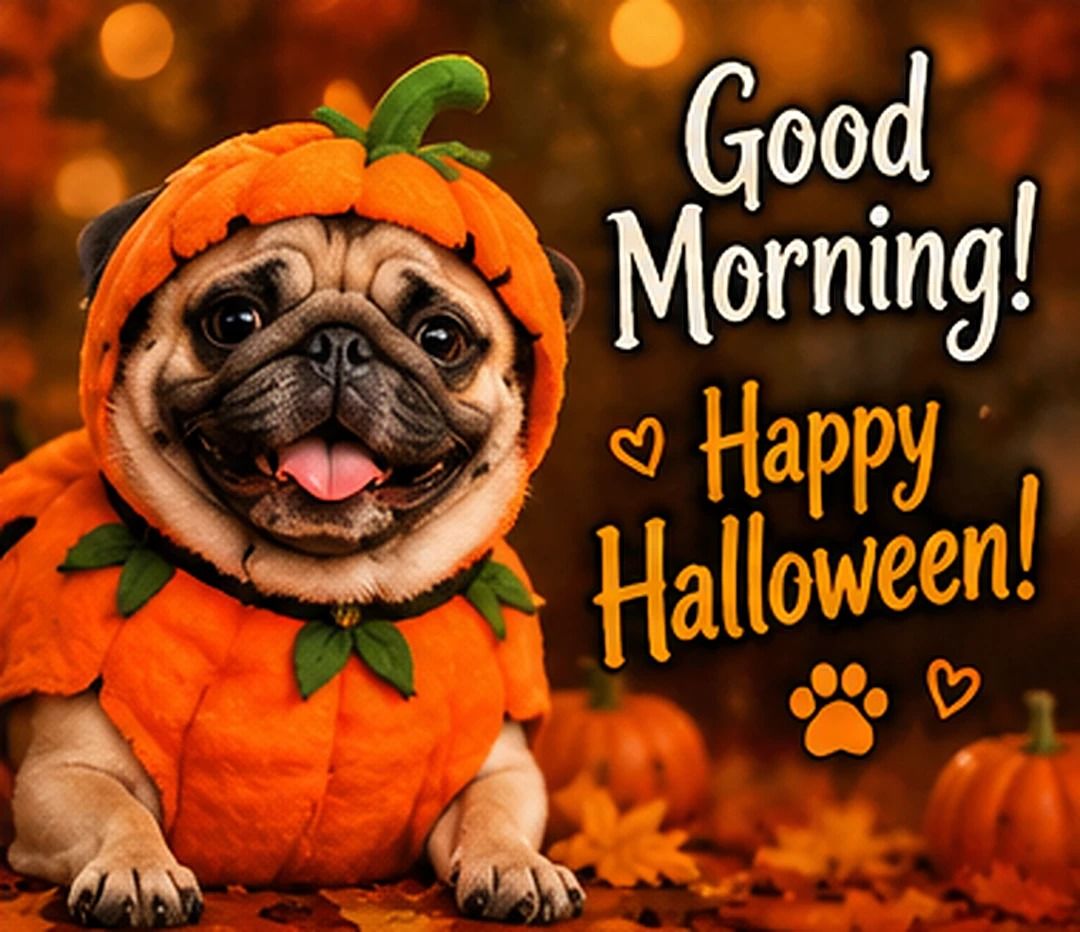 Good Morning Happy Halloween Pug In A Pumpkin Costume good-morning-happy-halloween-pug-in-a-pumpkin-costume