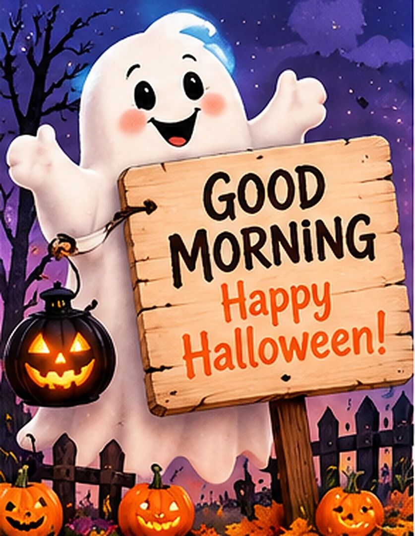 Good Morning Happy Halloween Friendly Ghost Holding A Sign Pictures ...