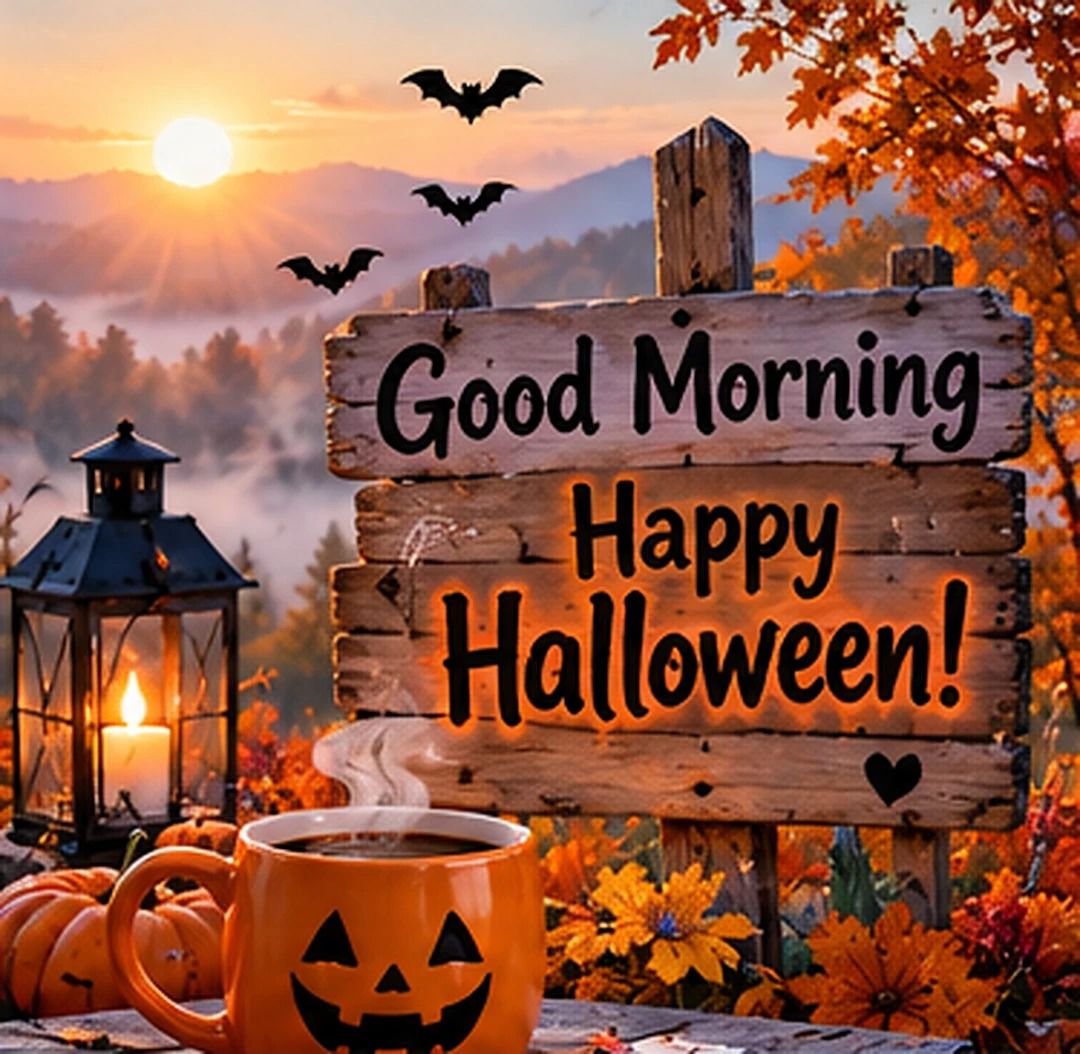 Good Morning Happy Halloween Wooden Sign And Pumpkin Coffee Pictures ...