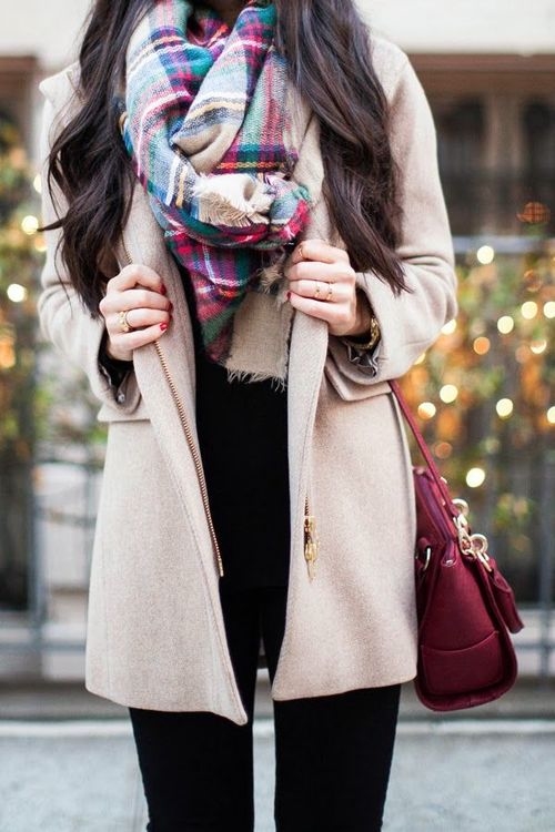Plaid scarf and peacoat