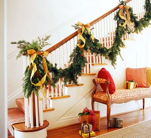 Golden ribbon and evergreen garland Golden ribbon and evergreen garland