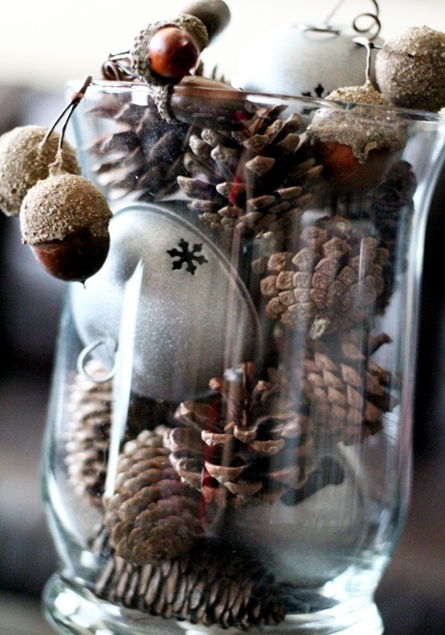 Pinecone and acorns in a jar