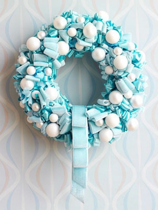 Blue ribbon & ornament wreath