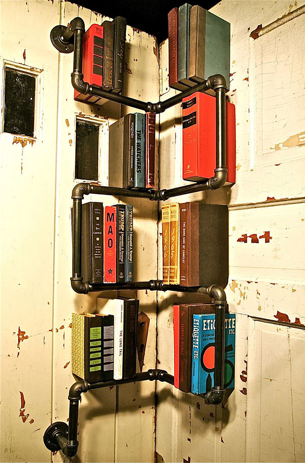 Corner industrial bookshelf