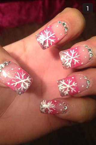 Pink sparkly snowflake nails